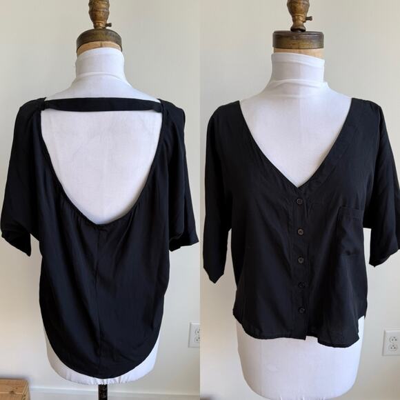 JESSICA SIMPSON BLACK BACKLESS BLOUSE HIGH LOW BUTTON DOWN SMALL - Picture 1 of 7
